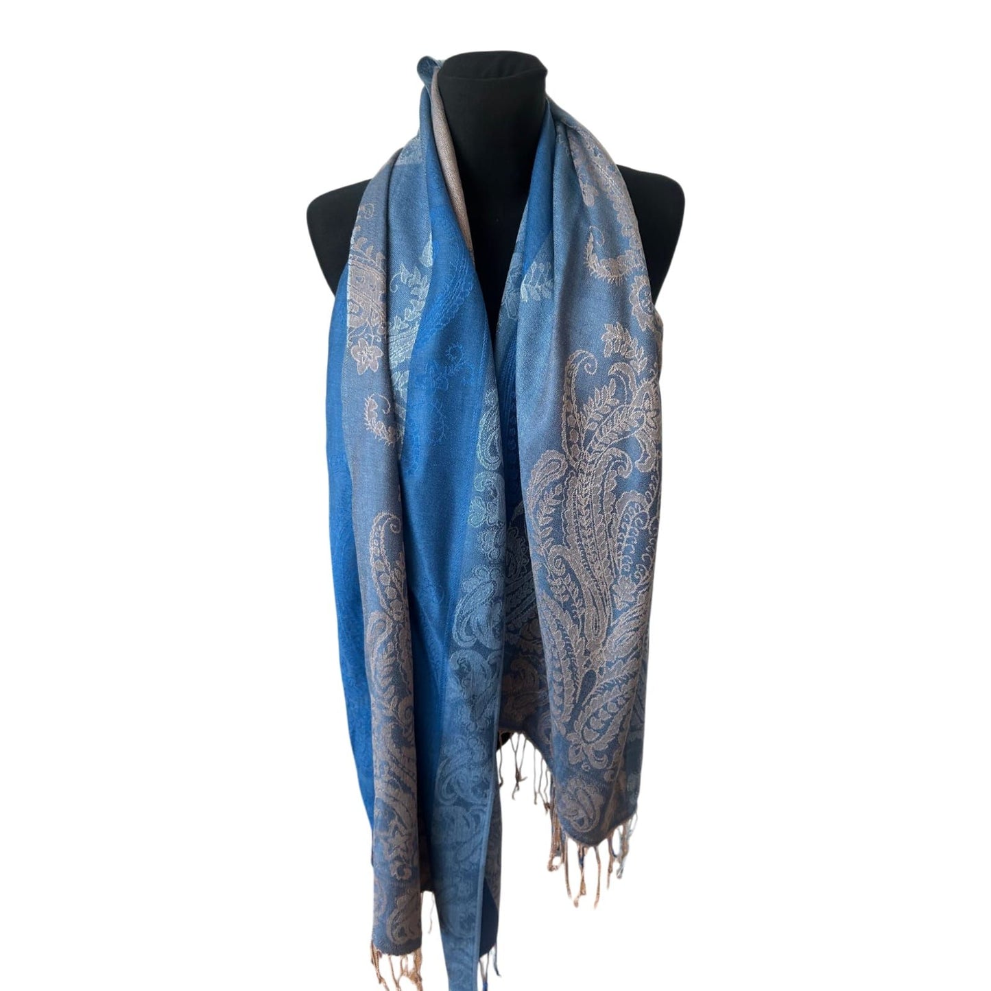 Damen Kaschmirschal Kaschmir Seide Blau Taupe Paisley 180x70 cm
