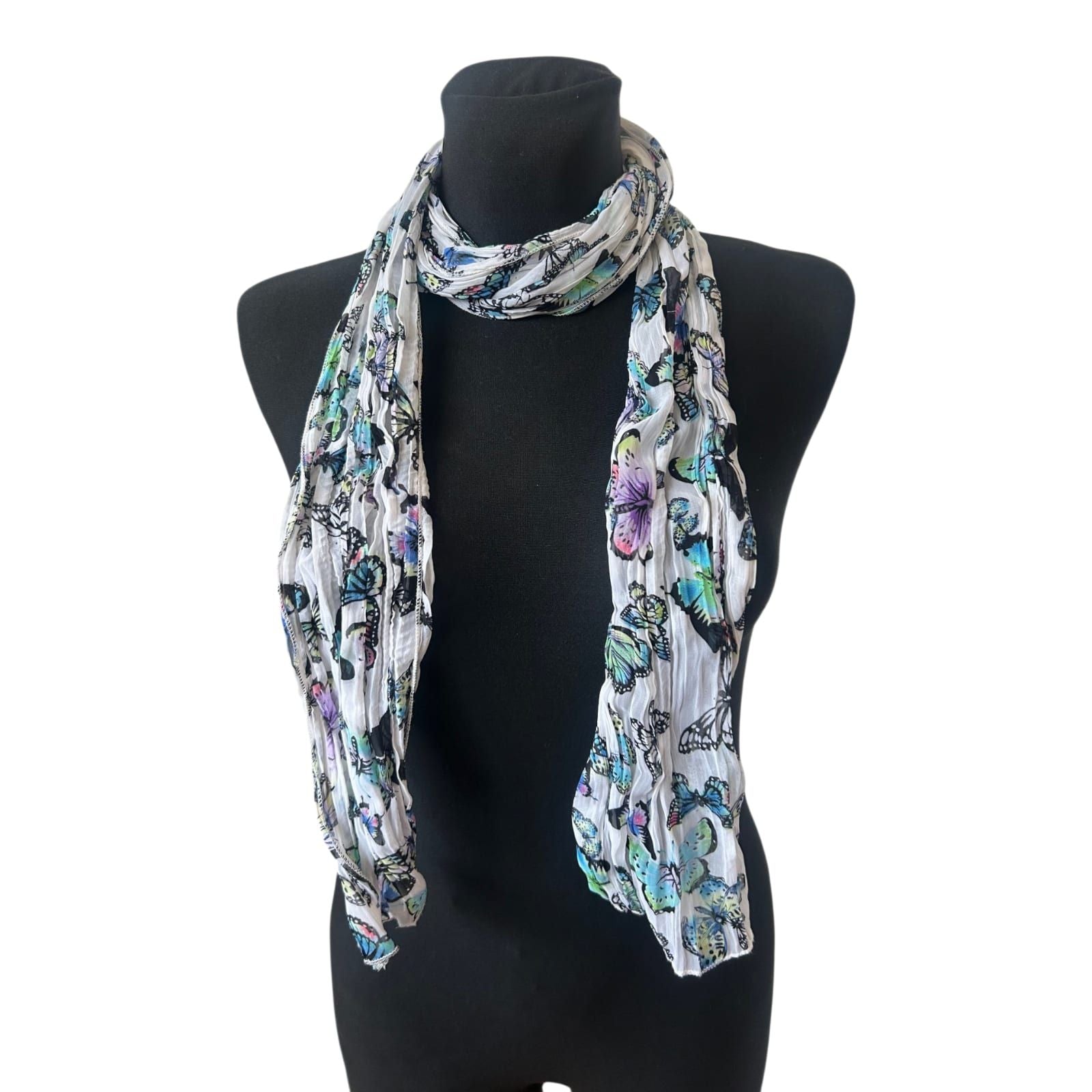 Crinkle Schal Schmetterlinge Weiß Bunt Damen Halstuch 200x30 leicht
