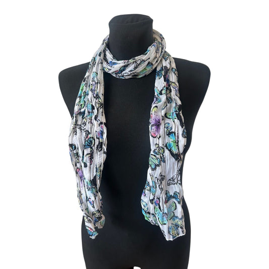 Crinkle Schal Schmetterlinge Weiß Bunt Damen Halstuch 200x30 leicht