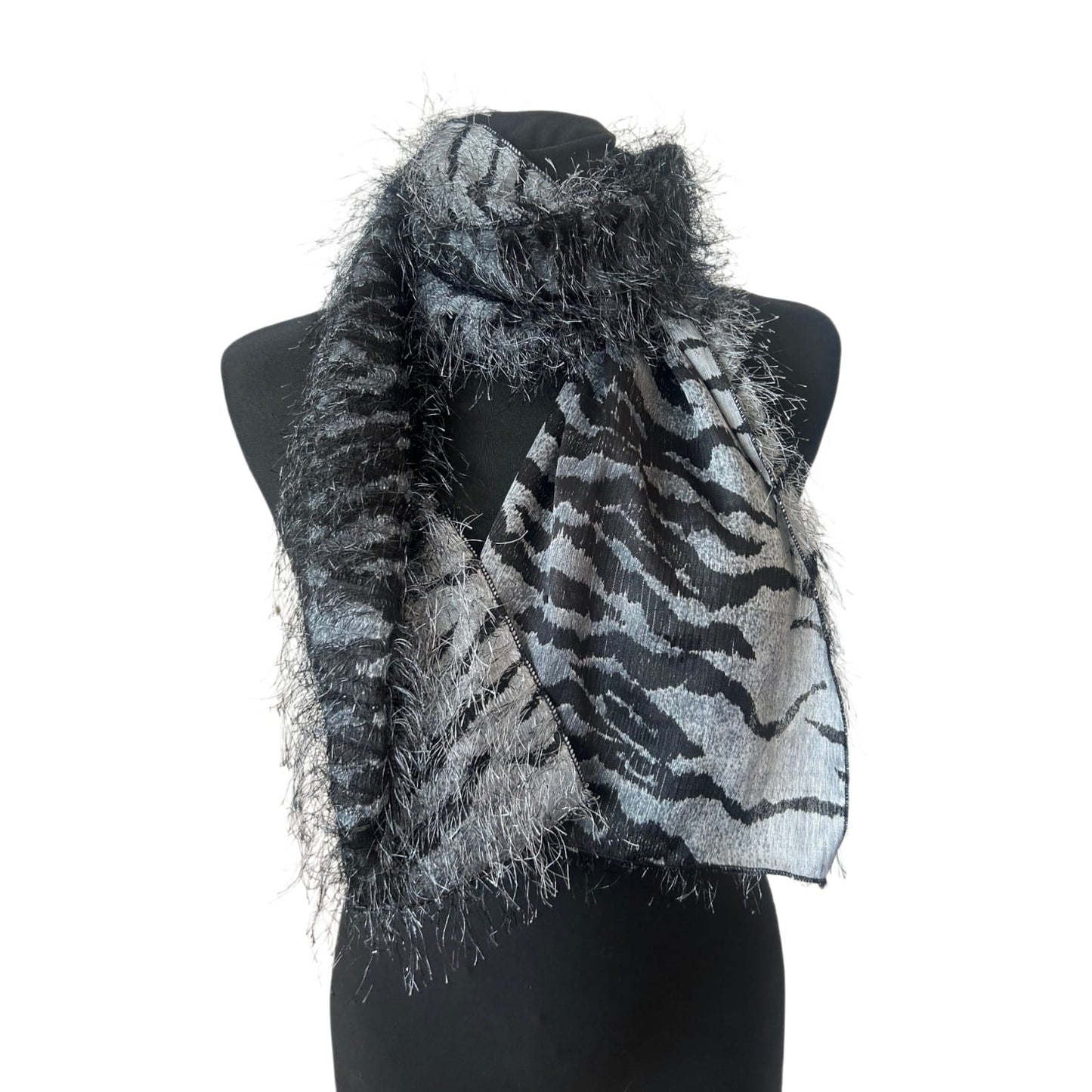 Zebra Schal Glitzer Silber Fransengarn Party Abend Damen 150x35 außergewöhnlich