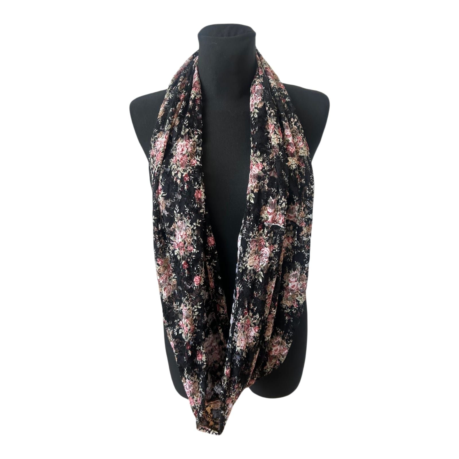 Damen Loop Schal Schwarz Rosa Blumen weich elastisch Florales Muster 160x55