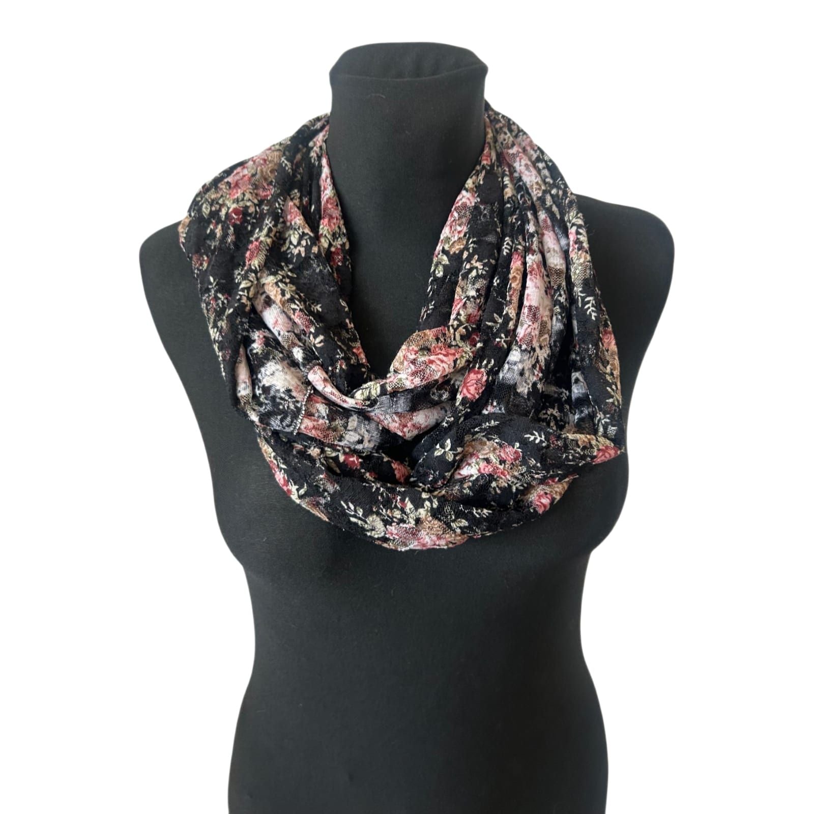 Damen Loop Schal Schwarz Rosa Blumen weich elastisch Florales Muster 160x55
