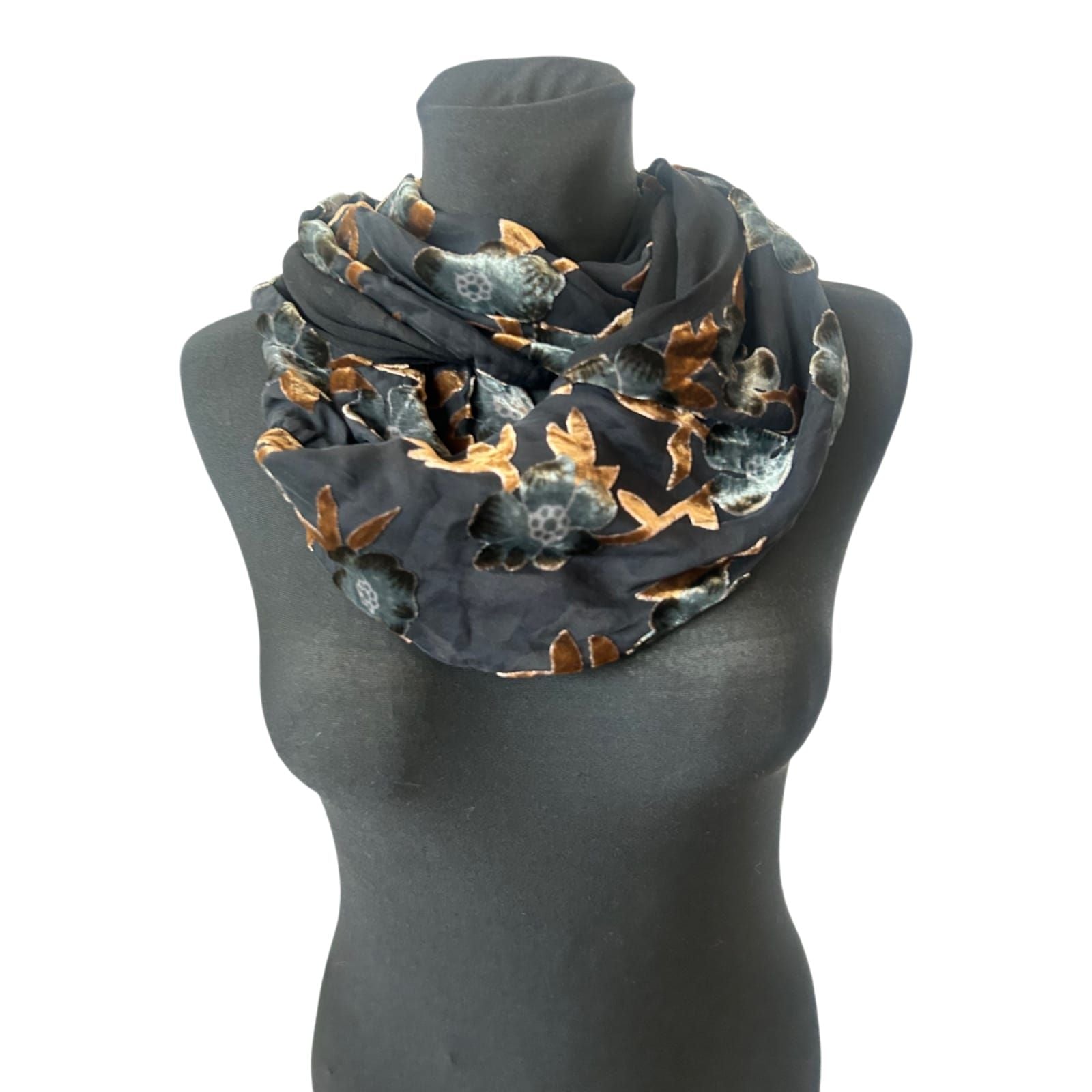 Damen Loop Schal 140x30 cm 45% Seide Viskose Schwarz Braun Blumen