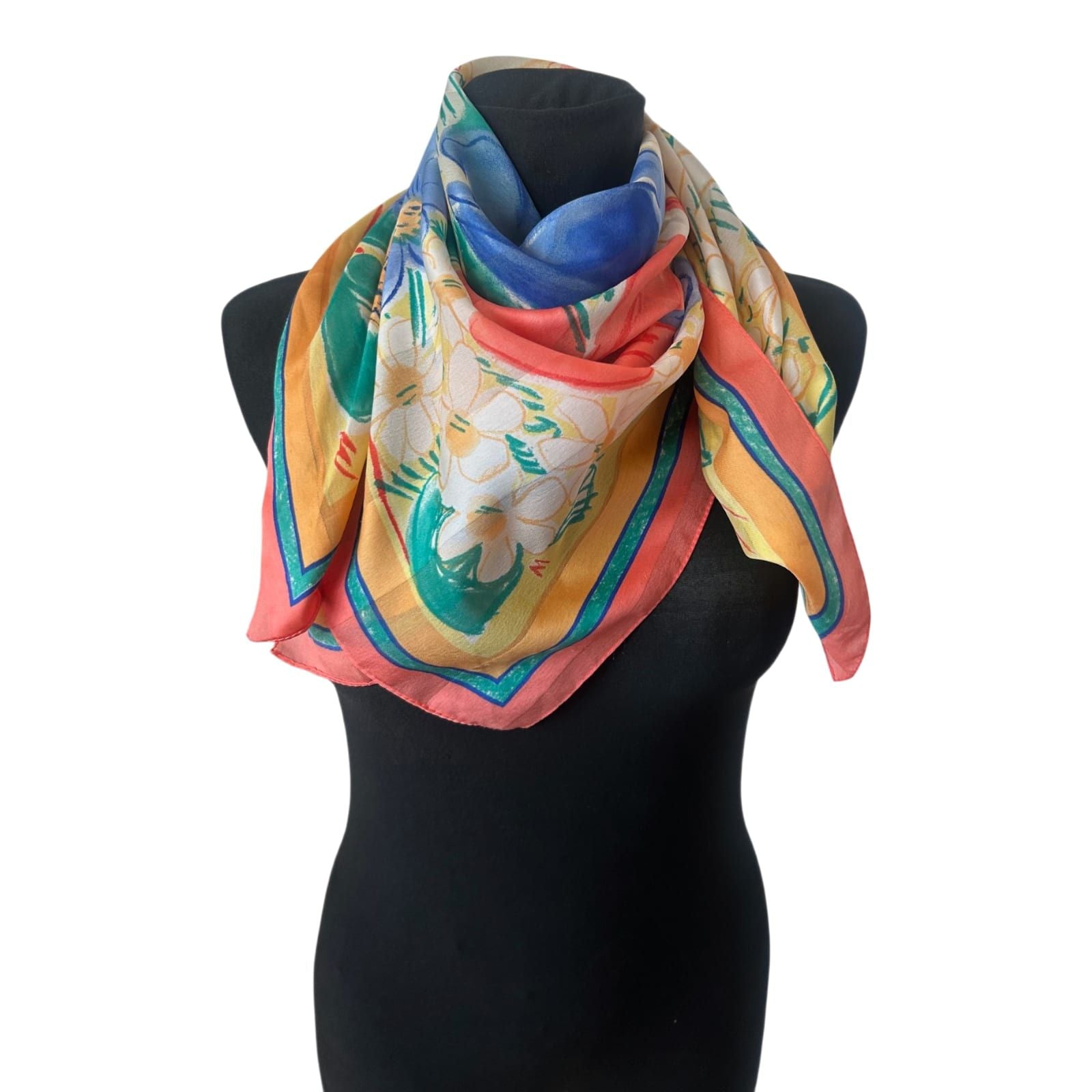 Damen Halstuch Orange Bunt Blumen 82x82 Chiffon Tuch Floral Second Hand Liebe