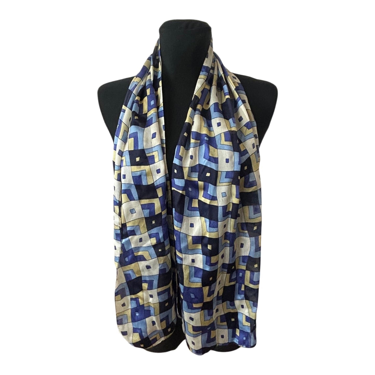 Damen Seidentuch 140x35 cm Blau Beige geometrisch Halstuch Schal 100% Seide