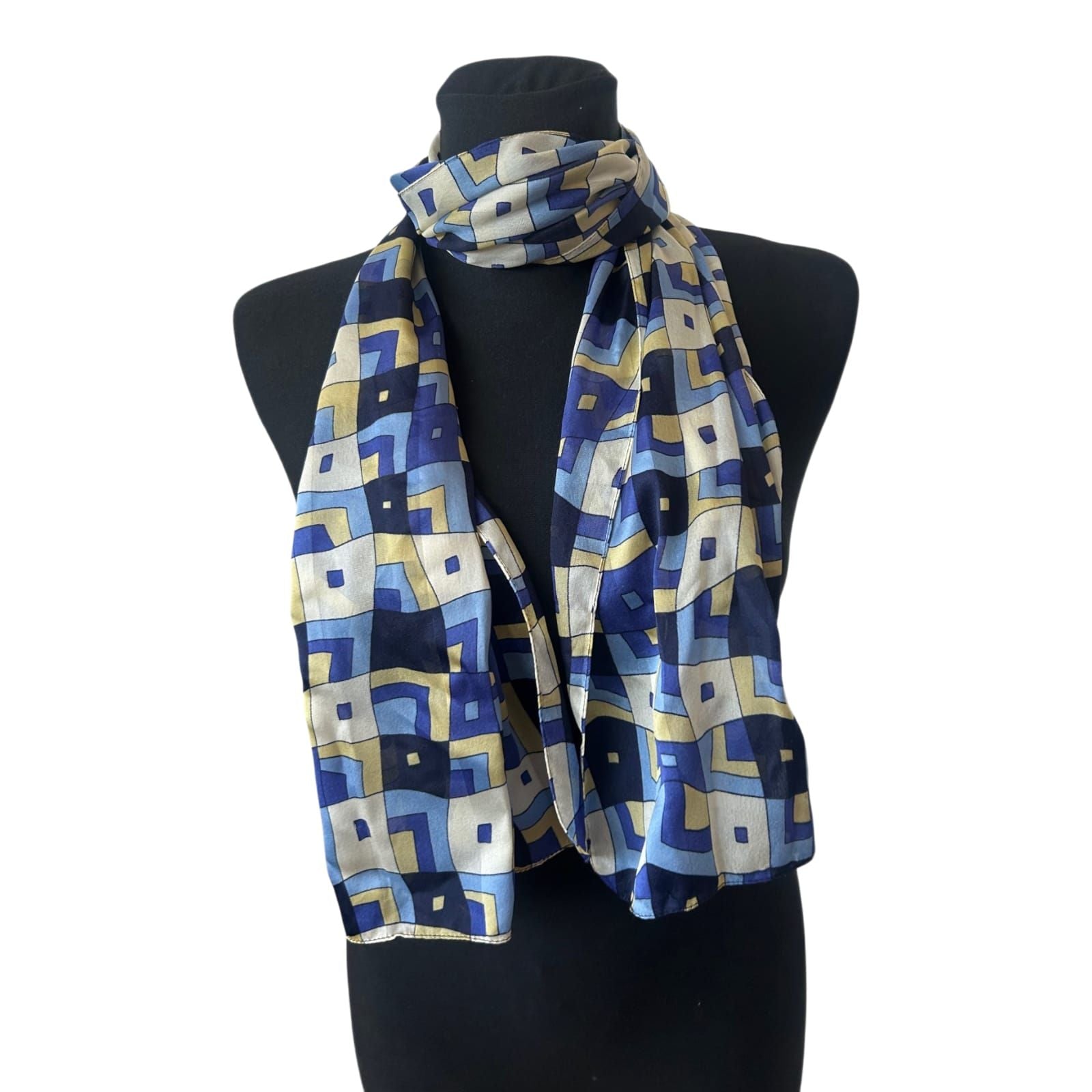 Damen Seidentuch 140x35 cm Blau Beige geometrisch Halstuch Schal 100% Seide