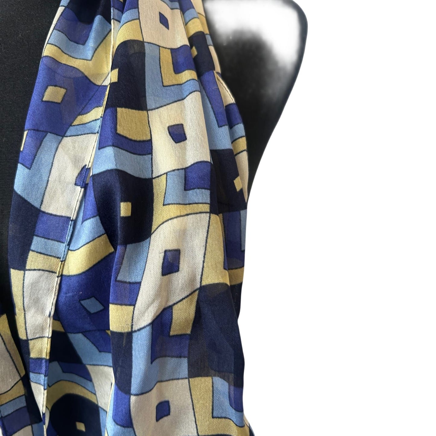 Damen Seidentuch 140x35 cm Blau Beige geometrisch Halstuch Schal 100% Seide