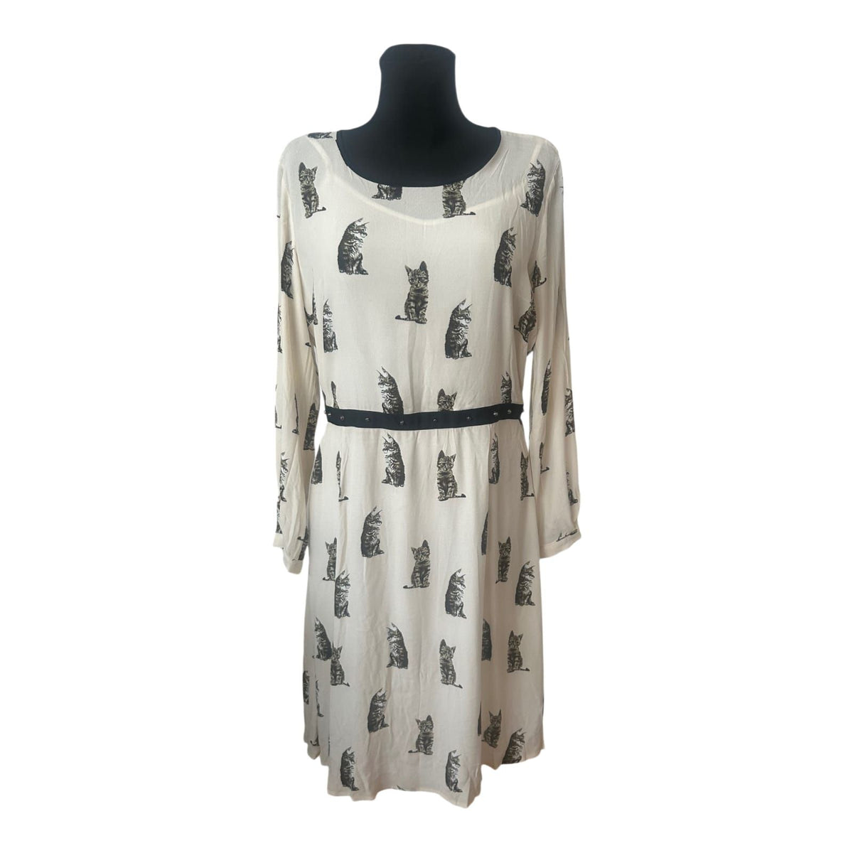 SET Kleid Gr. 42 Creme Katzenmotiv Seide Acetat Langarm Damenkleid