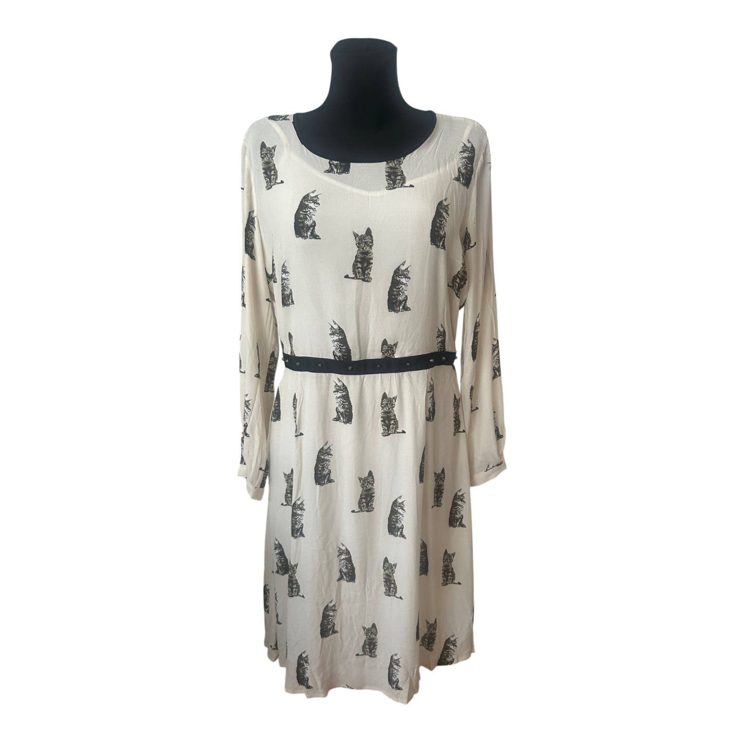 SET Kleid Gr. 42 Creme Katzenmotiv Seide Acetat Langarm Damenkleid