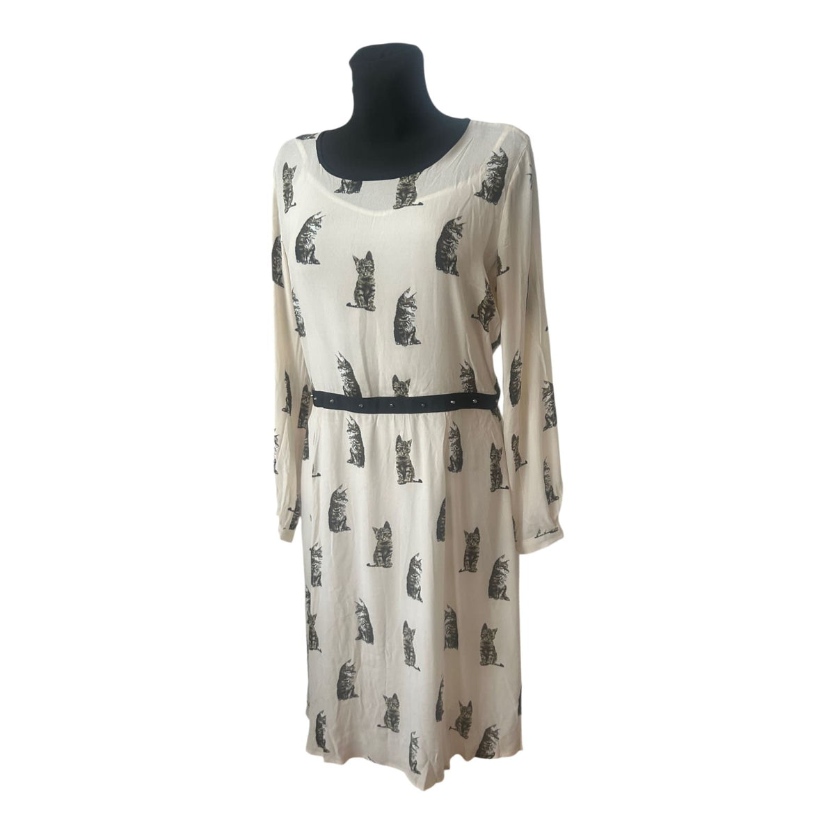 SET Kleid Gr. 42 Creme Katzenmotiv Seide Acetat Langarm Damenkleid