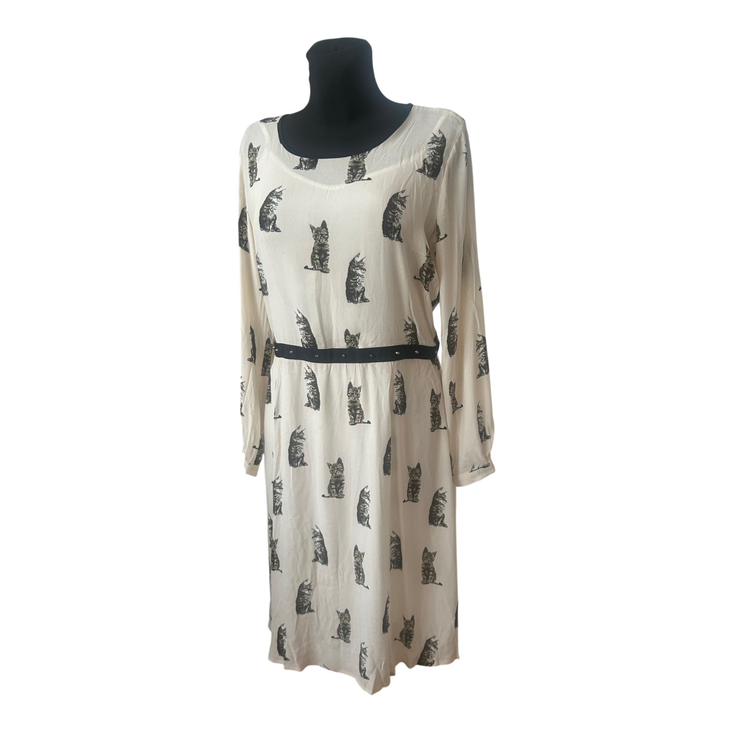 SET Kleid Gr. 42 Creme Katzenmotiv Seide Acetat Langarm Damenkleid