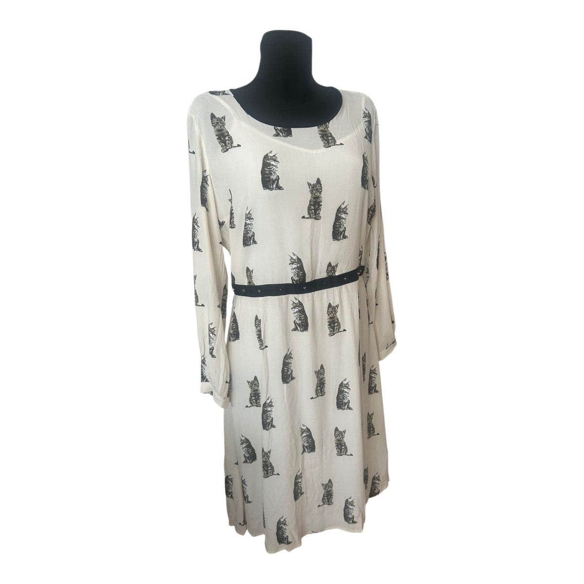 SET Kleid Gr. 42 Creme Katzenmotiv Seide Acetat Langarm Damenkleid