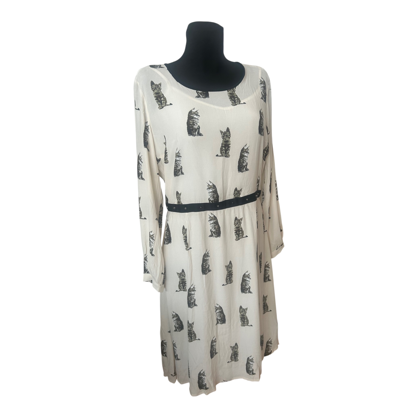SET Kleid Gr. 42 Creme Katzenmotiv Seide Acetat Langarm Damenkleid
