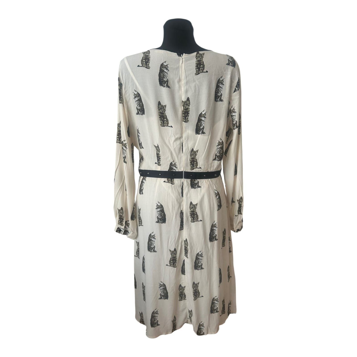 SET Kleid Gr. 42 Creme Katzenmotiv Seide Acetat Langarm Damenkleid