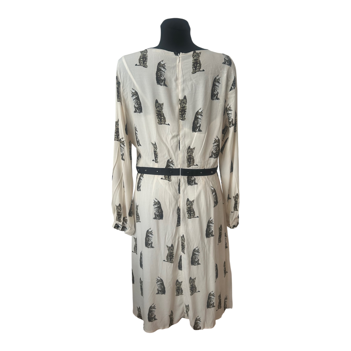 SET Kleid Gr. 42 Creme Katzenmotiv Seide Acetat Langarm Damenkleid