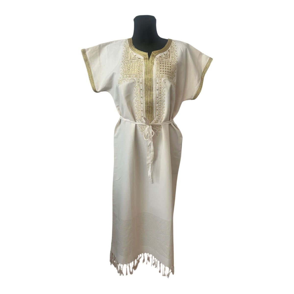 Kaftan Kleid XL Weiß Gold Leinenlook Tunika Boho Maxikleid Fransen Gürtel