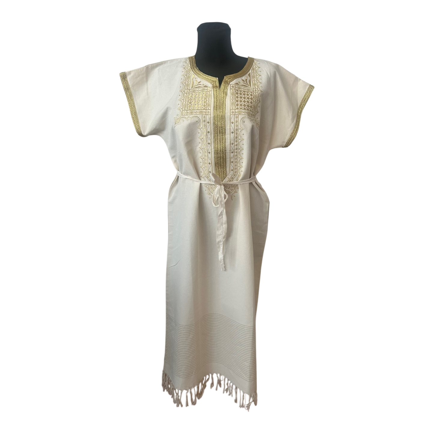 Kaftan Kleid XL Weiß Gold Leinenlook Tunika Boho Maxikleid Fransen Gürtel