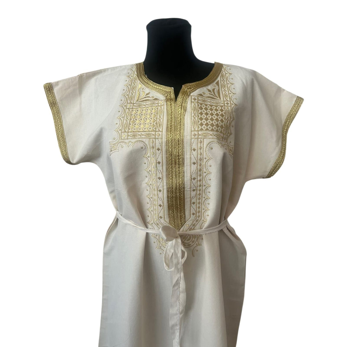 Kaftan Kleid XL Weiß Gold Leinenlook Tunika Boho Maxikleid Fransen Gürtel