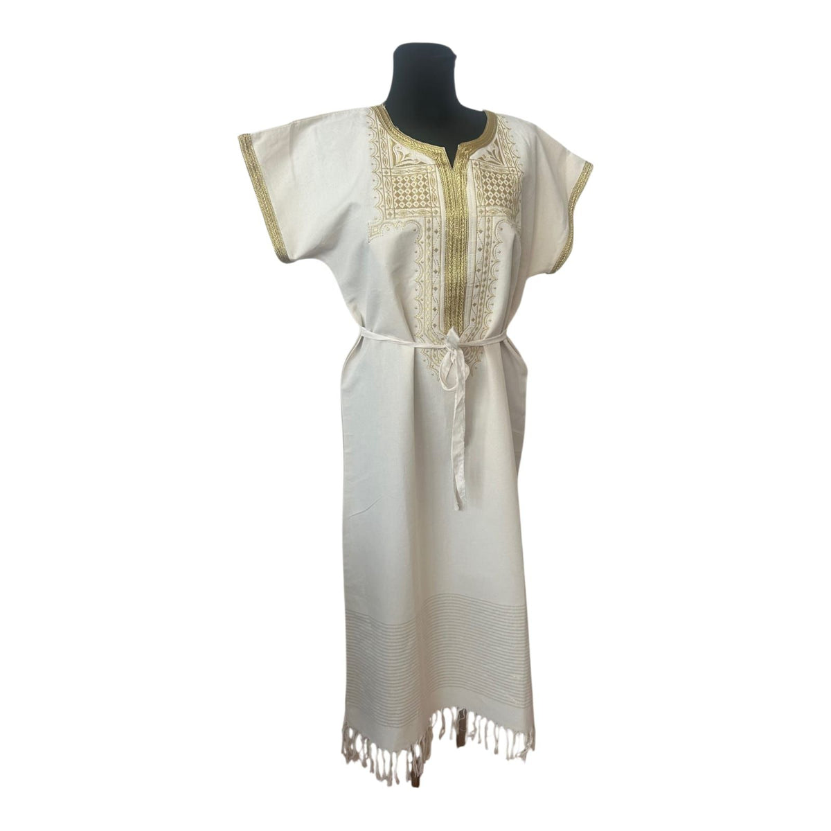 Kaftan Kleid XL Weiß Gold Leinenlook Tunika Boho Maxikleid Fransen Gürtel