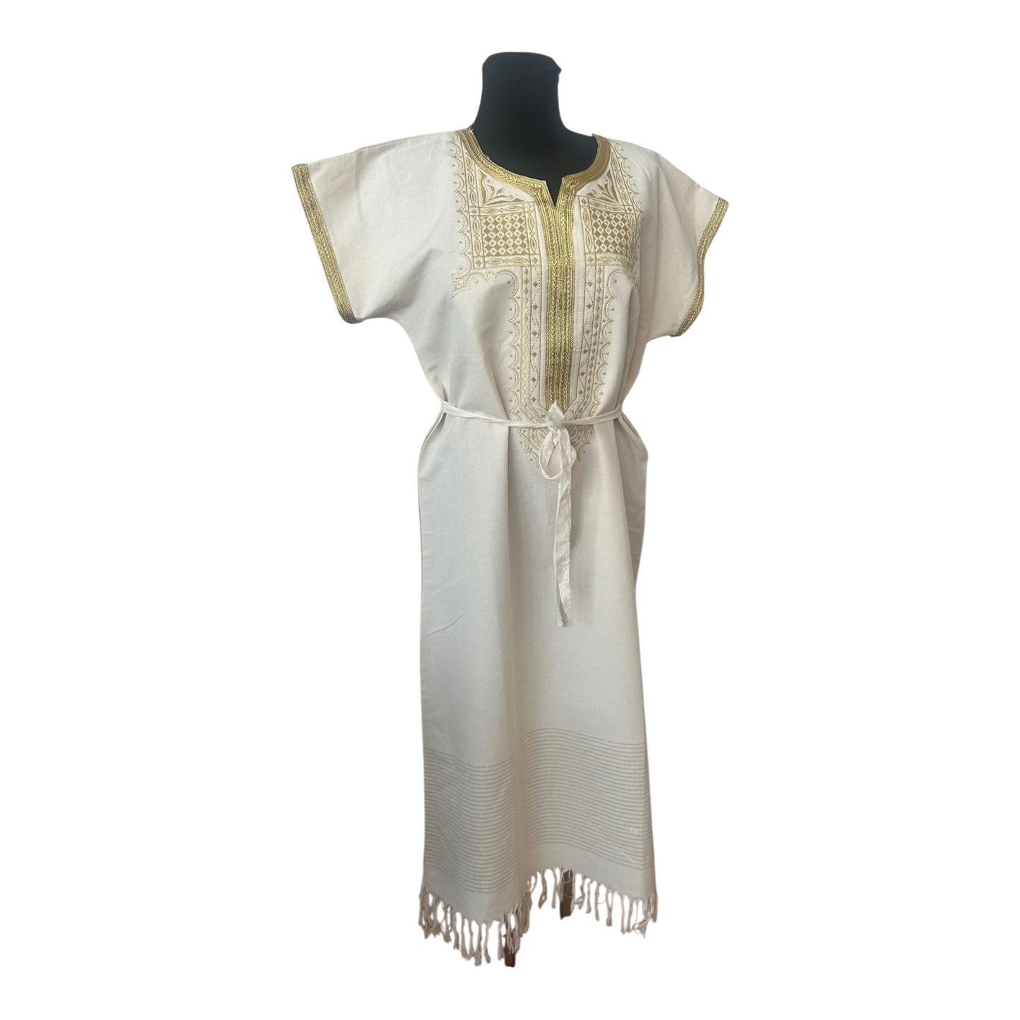 Kaftan Kleid XL Weiß Gold Leinenlook Tunika Boho Maxikleid Fransen Gürtel