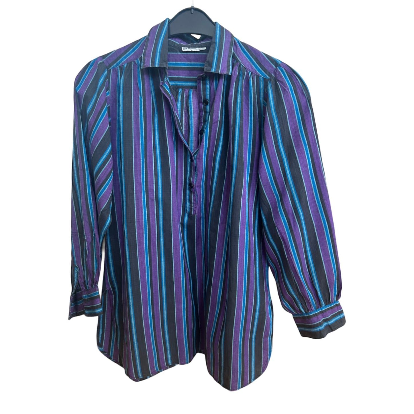 Damen Bluse 42 Baumwolle Schwarz Lila Blau Langarm Vintage Look Streifen Muster