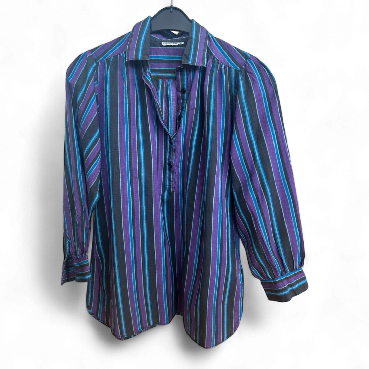 Damen Bluse 42 Baumwolle Schwarz Lila Blau Langarm Vintage Look Streifen Muster