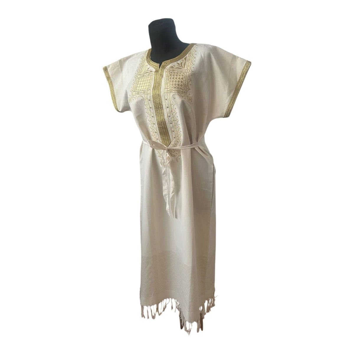 Kaftan Kleid XL Weiß Gold Leinenlook Tunika Boho Maxikleid Fransen Gürtel