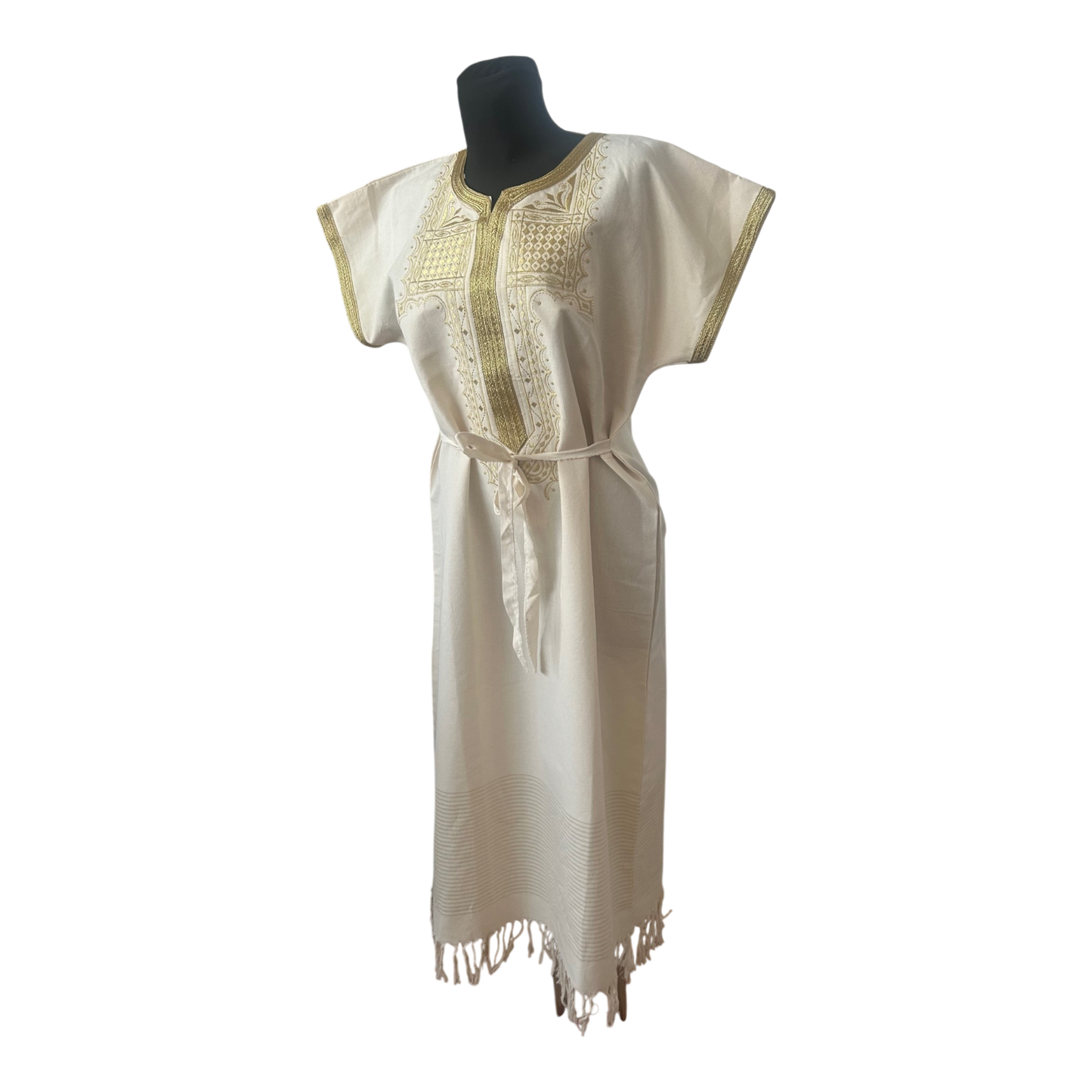 Kaftan Kleid XL Weiß Gold Leinenlook Tunika Boho Maxikleid Fransen Gürtel