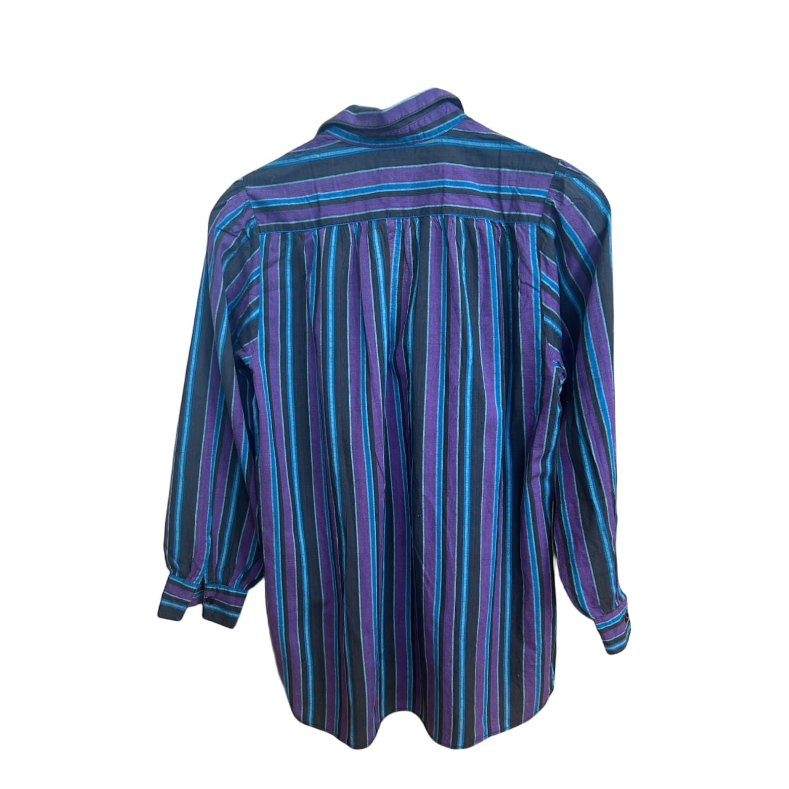 Damen Bluse 42 Baumwolle Schwarz Lila Blau Langarm Vintage Look Streifen Muster