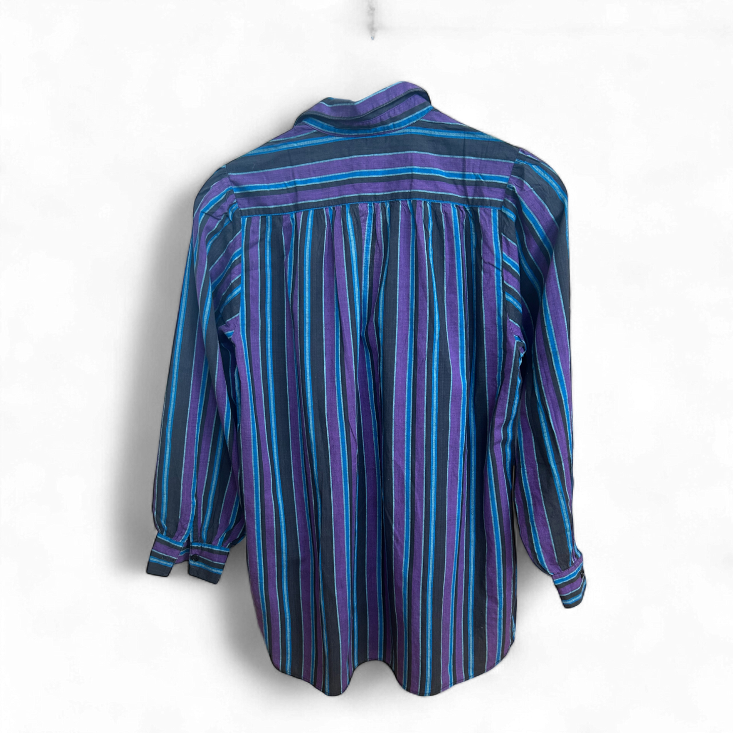 Damen Bluse 42 Baumwolle Schwarz Lila Blau Langarm Vintage Look Streifen Muster