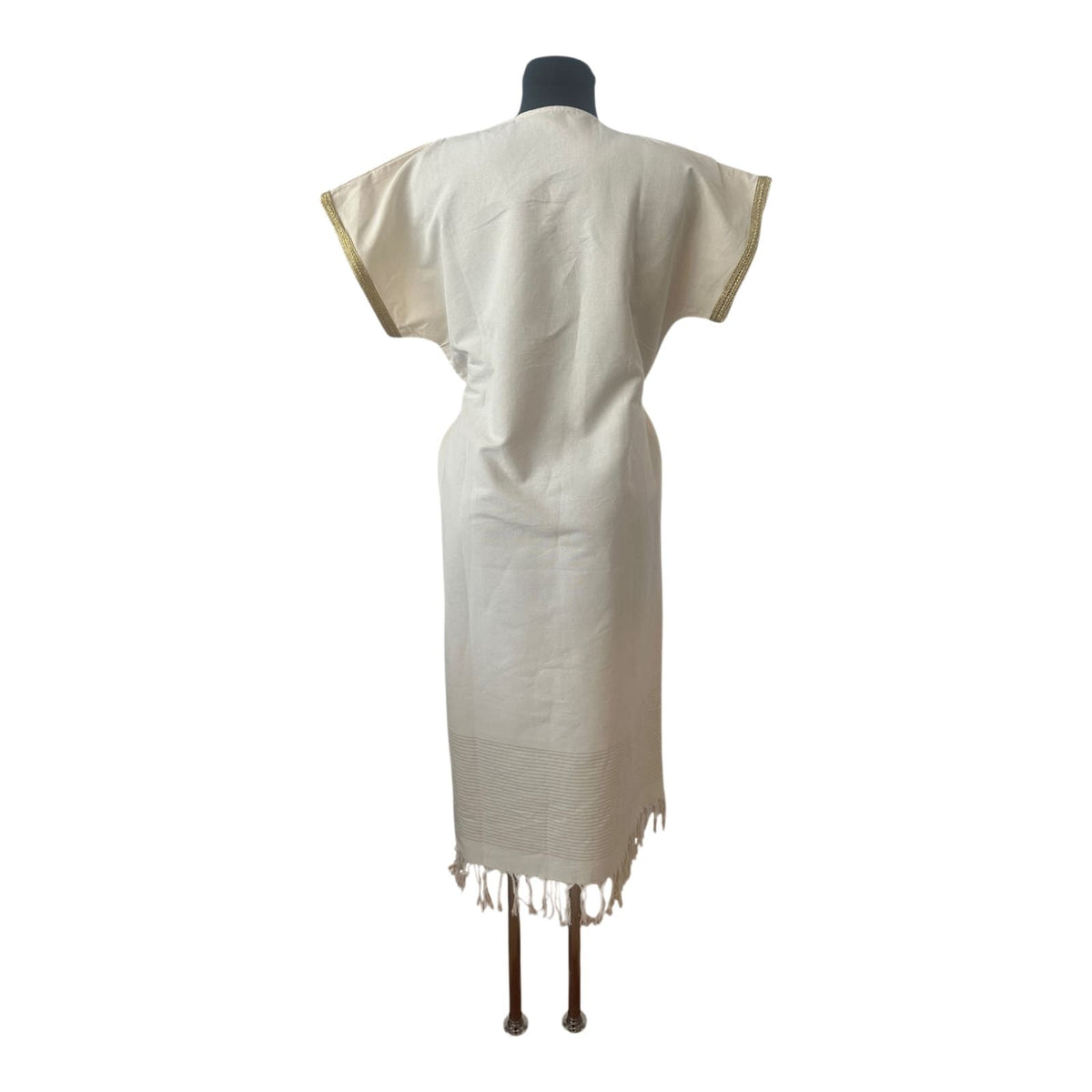Kaftan Kleid XL Weiß Gold Leinenlook Tunika Boho Maxikleid Fransen Gürtel
