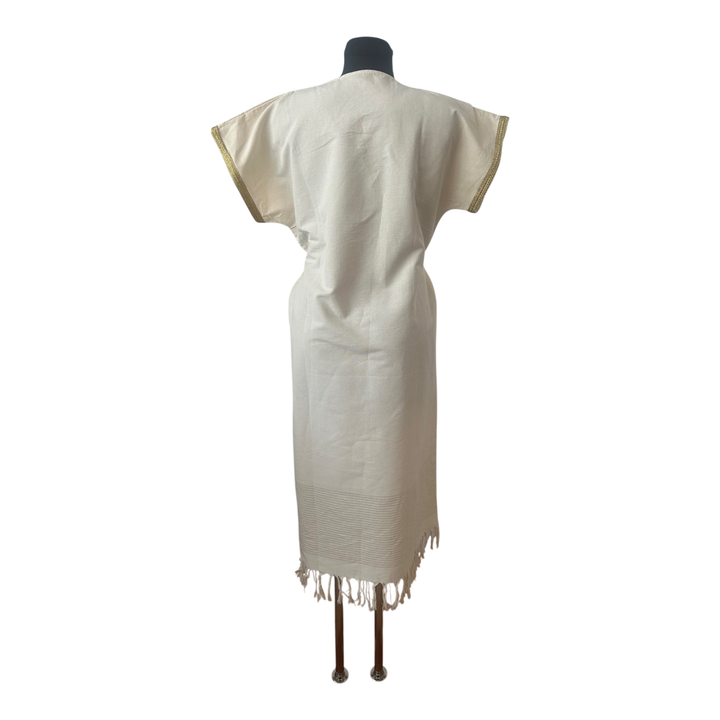 Kaftan Kleid XL Weiß Gold Leinenlook Tunika Boho Maxikleid Fransen Gürtel
