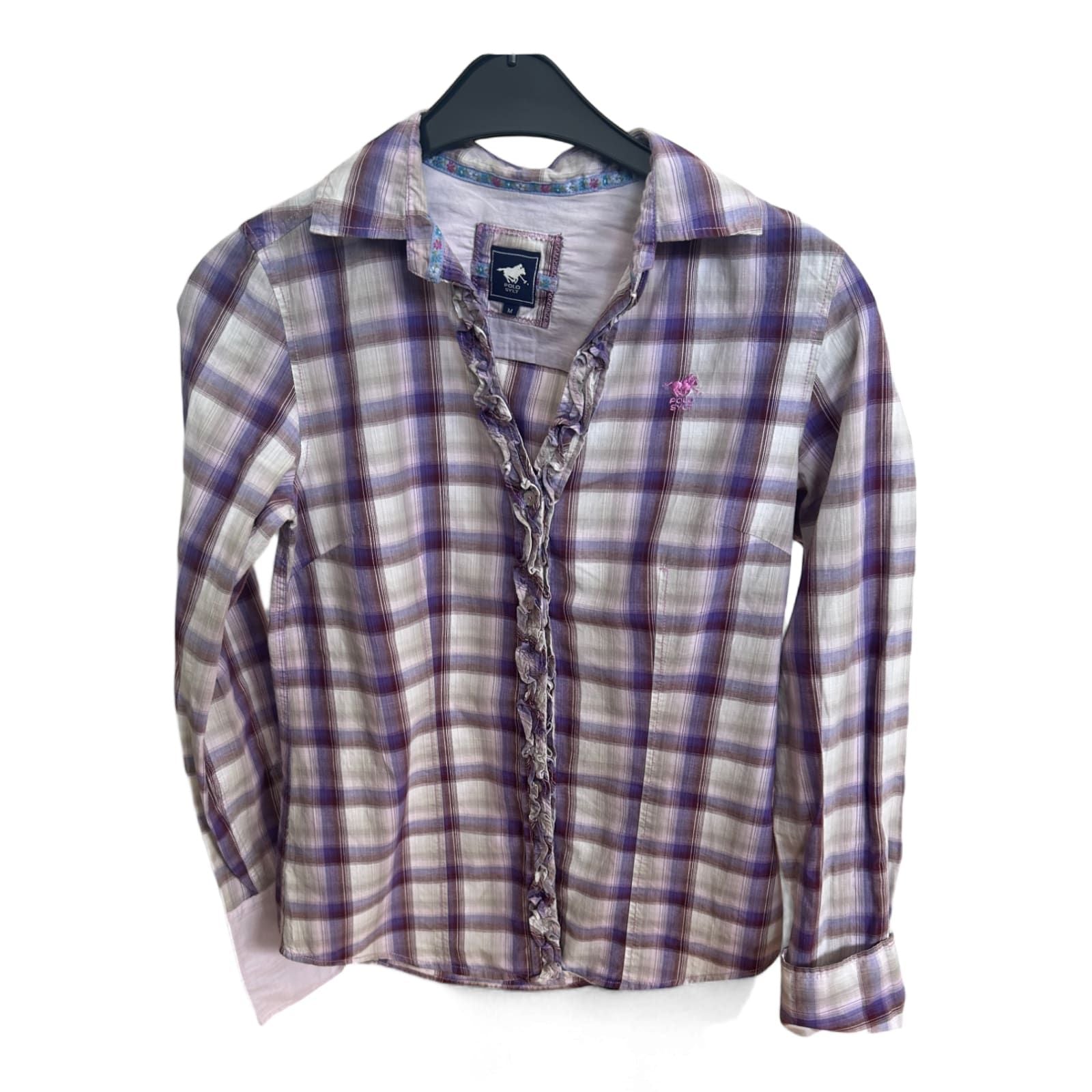 Polo Sylt Damenbluse M Violett Kariert Rüschen Baumwolle Langarm Top Zustand