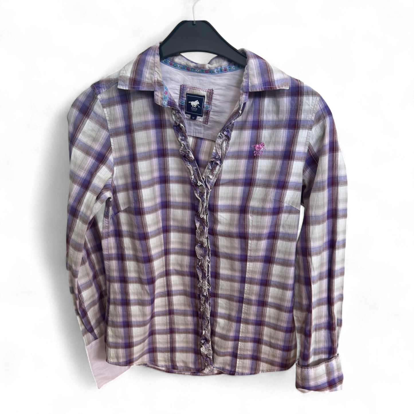 Polo Sylt Damenbluse M Violett Kariert Rüschen Baumwolle Langarm Top Zustand