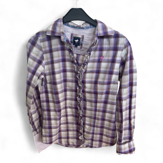 Polo Sylt Damenbluse M Violett Kariert Rüschen Baumwolle Langarm Top Zustand