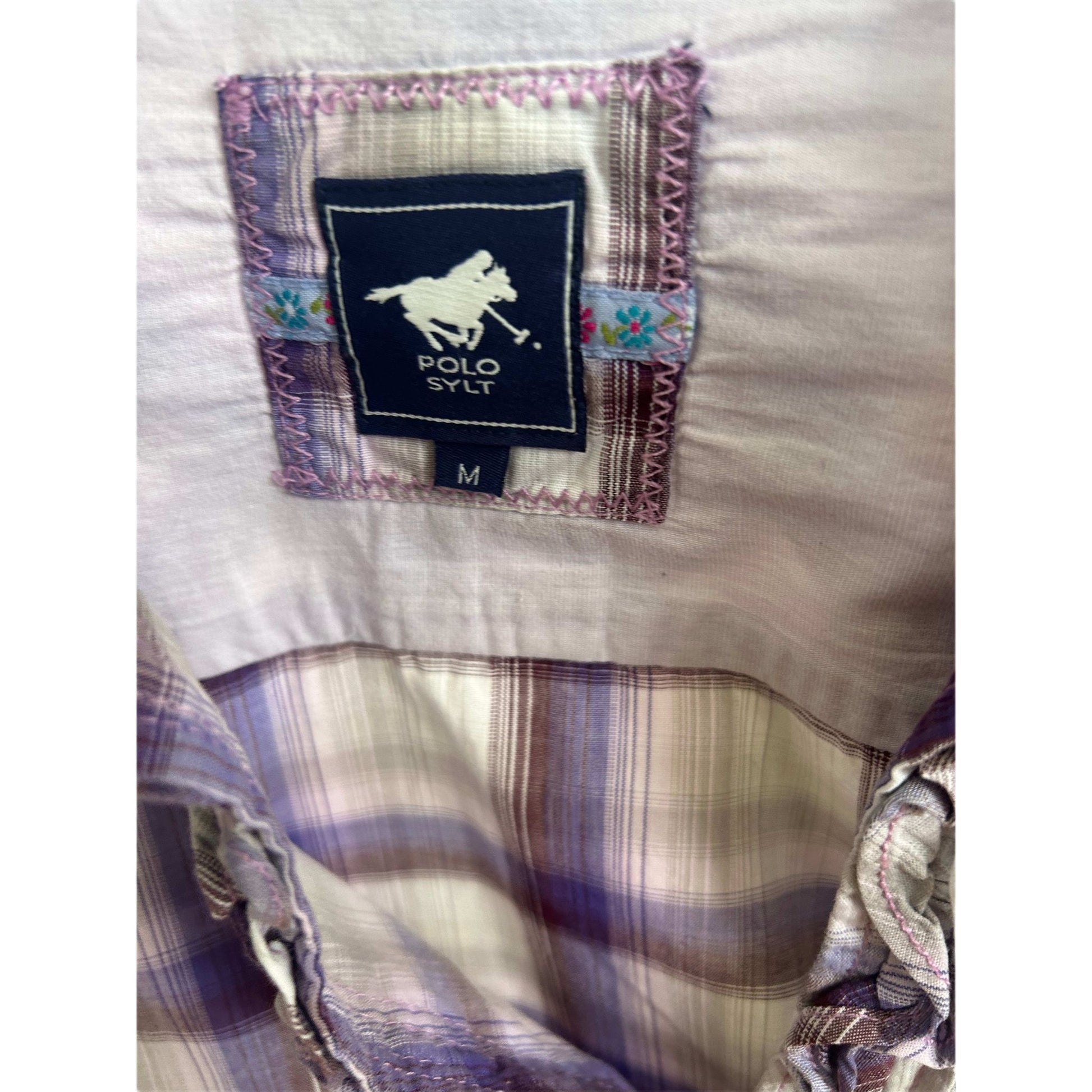 Polo Sylt Damenbluse M Violett Kariert Rüschen Baumwolle Langarm Top Zustand