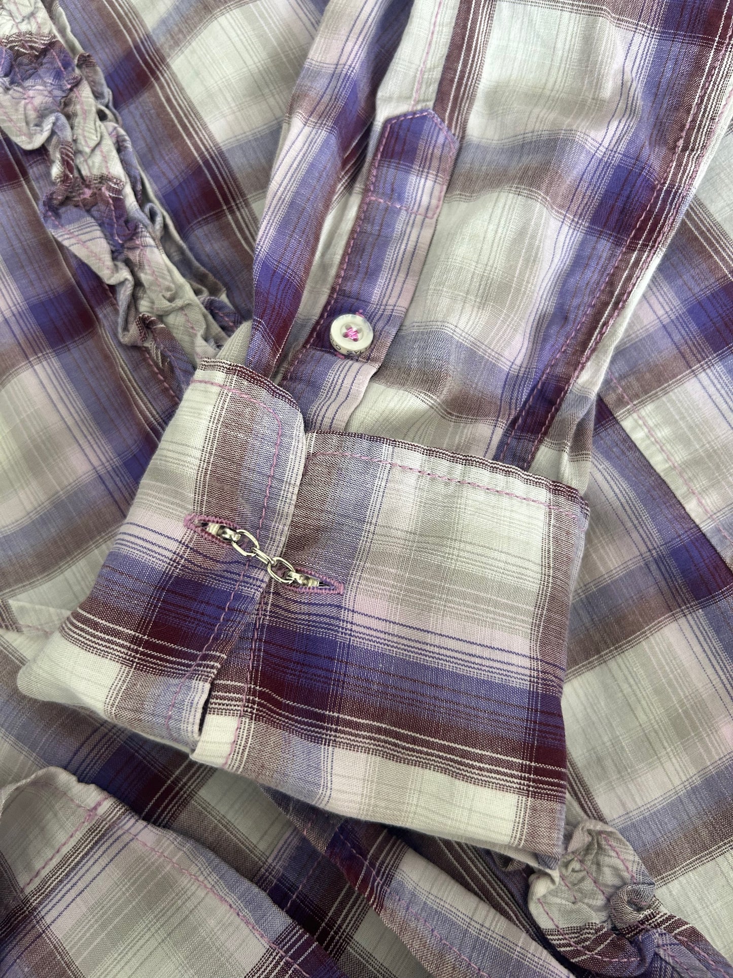 Polo Sylt Damenbluse M Violett Kariert Rüschen Baumwolle Langarm Top Zustand