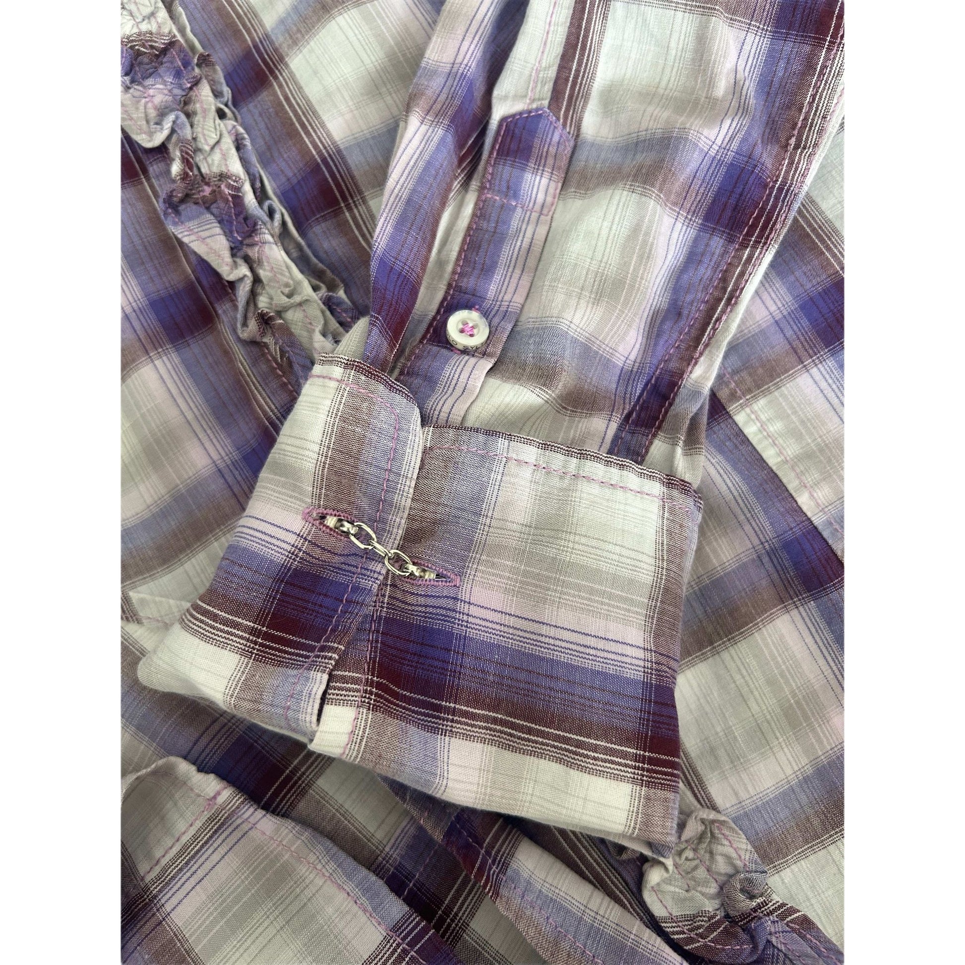 Polo Sylt Damenbluse M Violett Kariert Rüschen Baumwolle Langarm Top Zustand