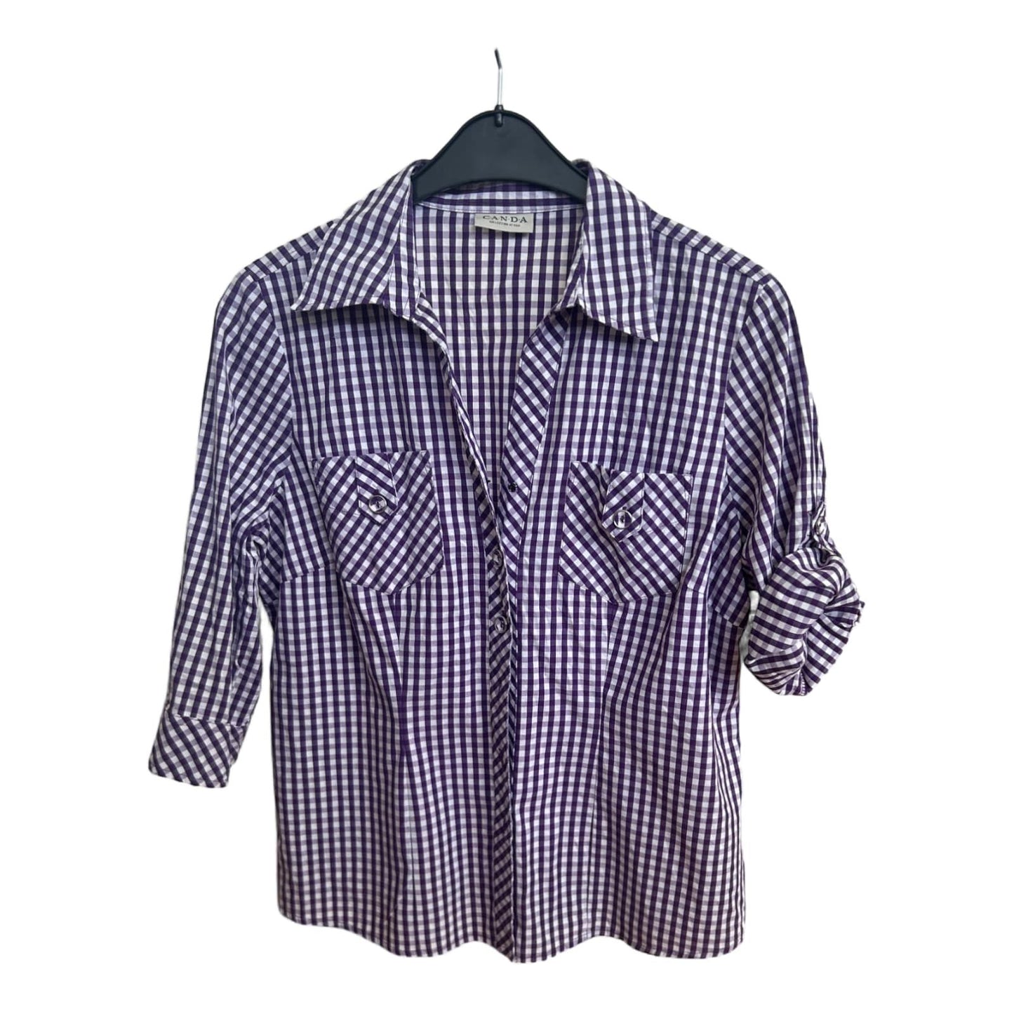 CANDA Bluse Damen Gr 44 Lila Kariert Vichy Baumwolle Stretch Hemd Kurzarm
