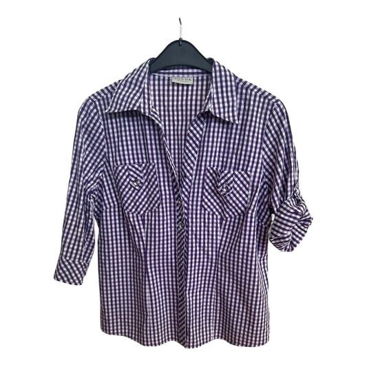 CANDA Bluse Damen Gr 44 Lila Kariert Vichy Baumwolle Stretch Hemd Kurzarm