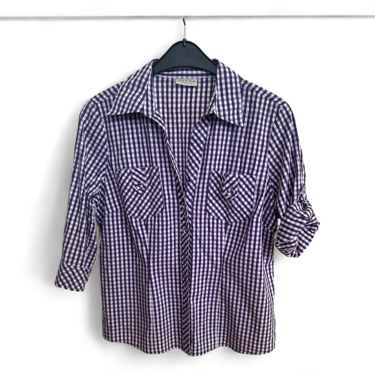 CANDA Bluse Damen Gr 44 Lila Kariert Vichy Baumwolle Stretch Hemd Kurzarm