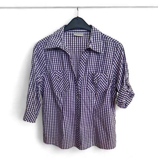 CANDA Bluse Damen Gr 44 Lila Kariert Vichy Baumwolle Stretch Hemd Kurzarm