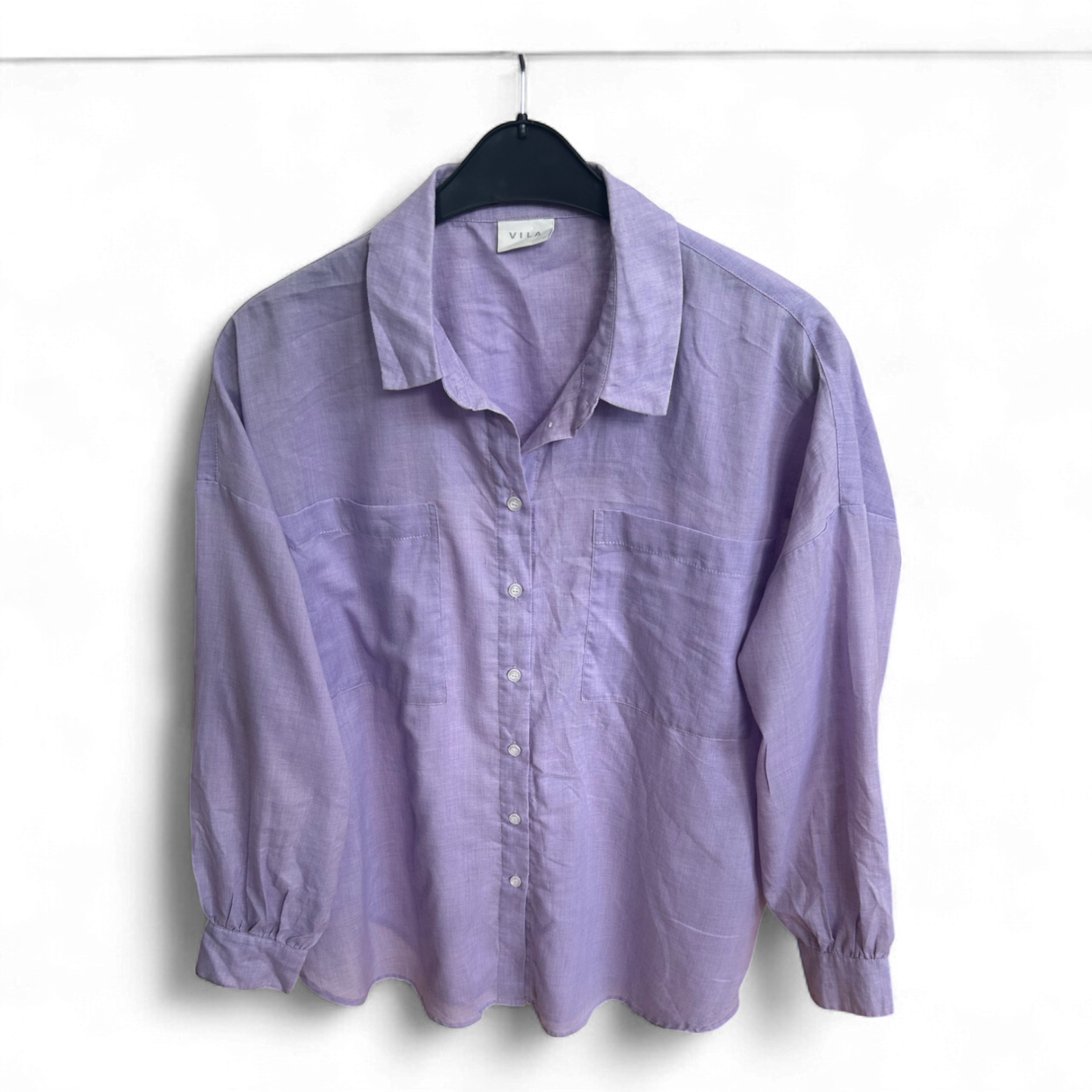 Vila Bluse Flieder Gr 42 Langarm Oversize Hemdkragen Brusttaschen Viskosemix