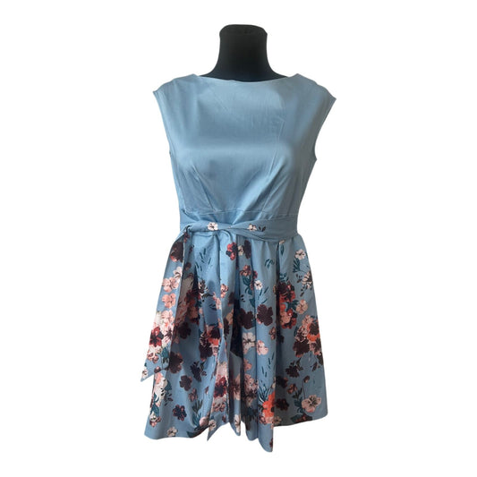Closet London Kleid Gr. 42 Blau Blumen A-Linie Bindegürtel Festlich Elegant