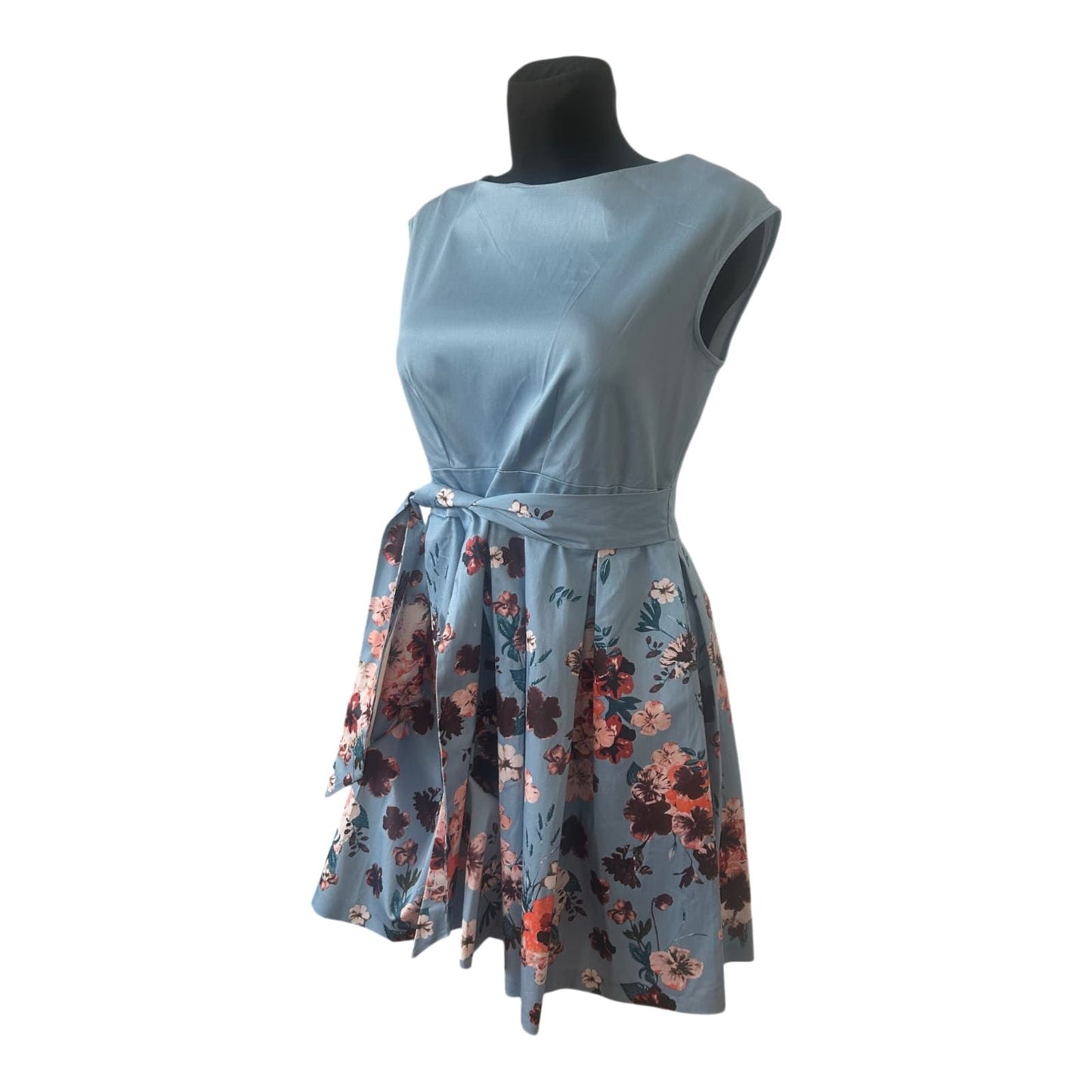 Closet London Kleid Gr. 42 Blau Blumen A-Linie Bindegürtel Festlich Elegant