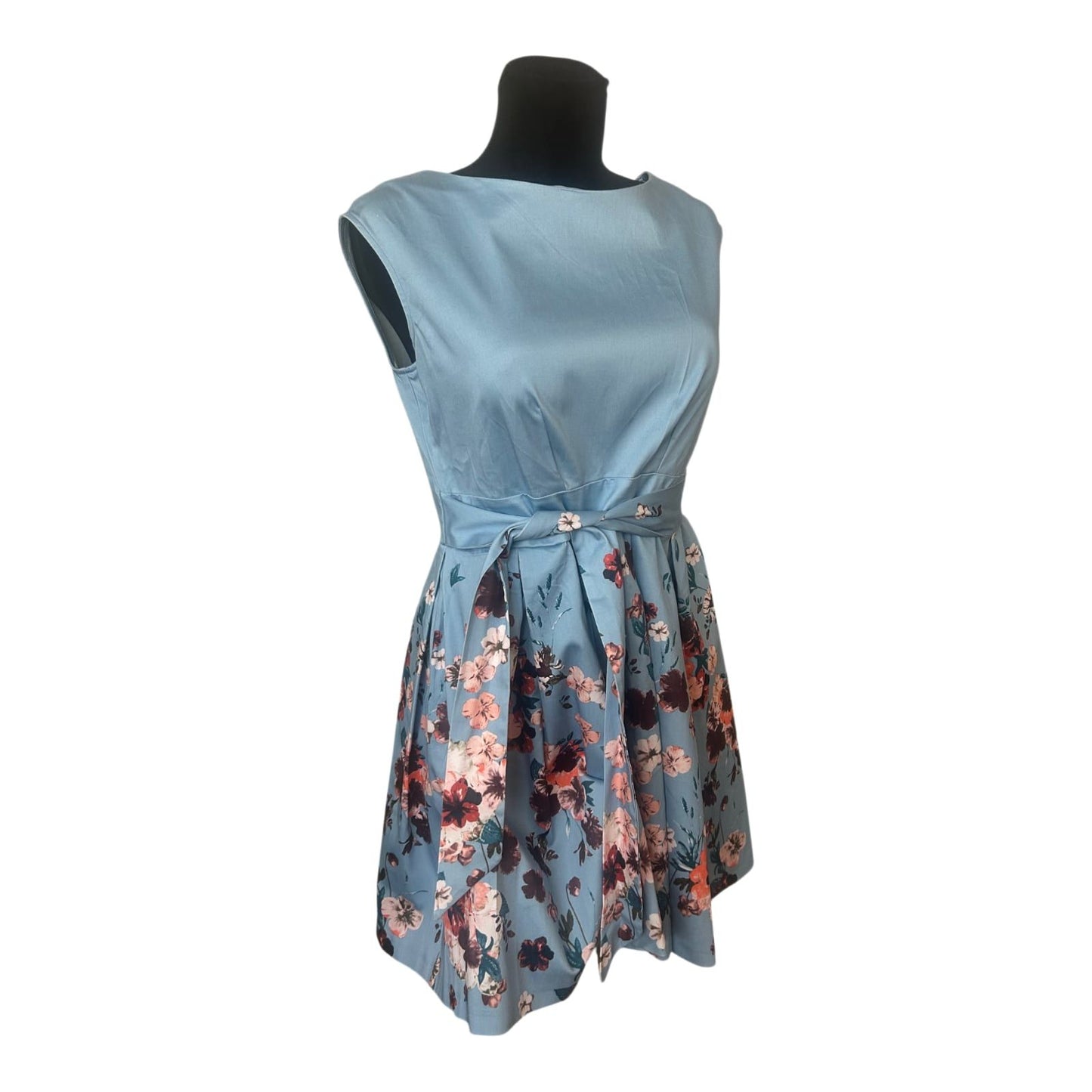 Closet London Kleid Gr. 42 Blau Blumen A-Linie Bindegürtel Festlich Elegant