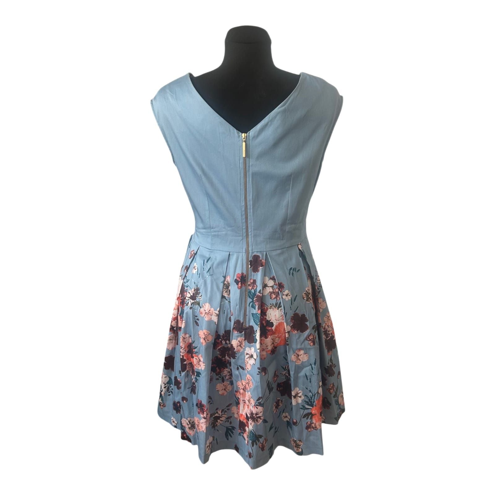 Closet London Kleid Gr. 42 Blau Blumen A-Linie Bindegürtel Festlich Elegant