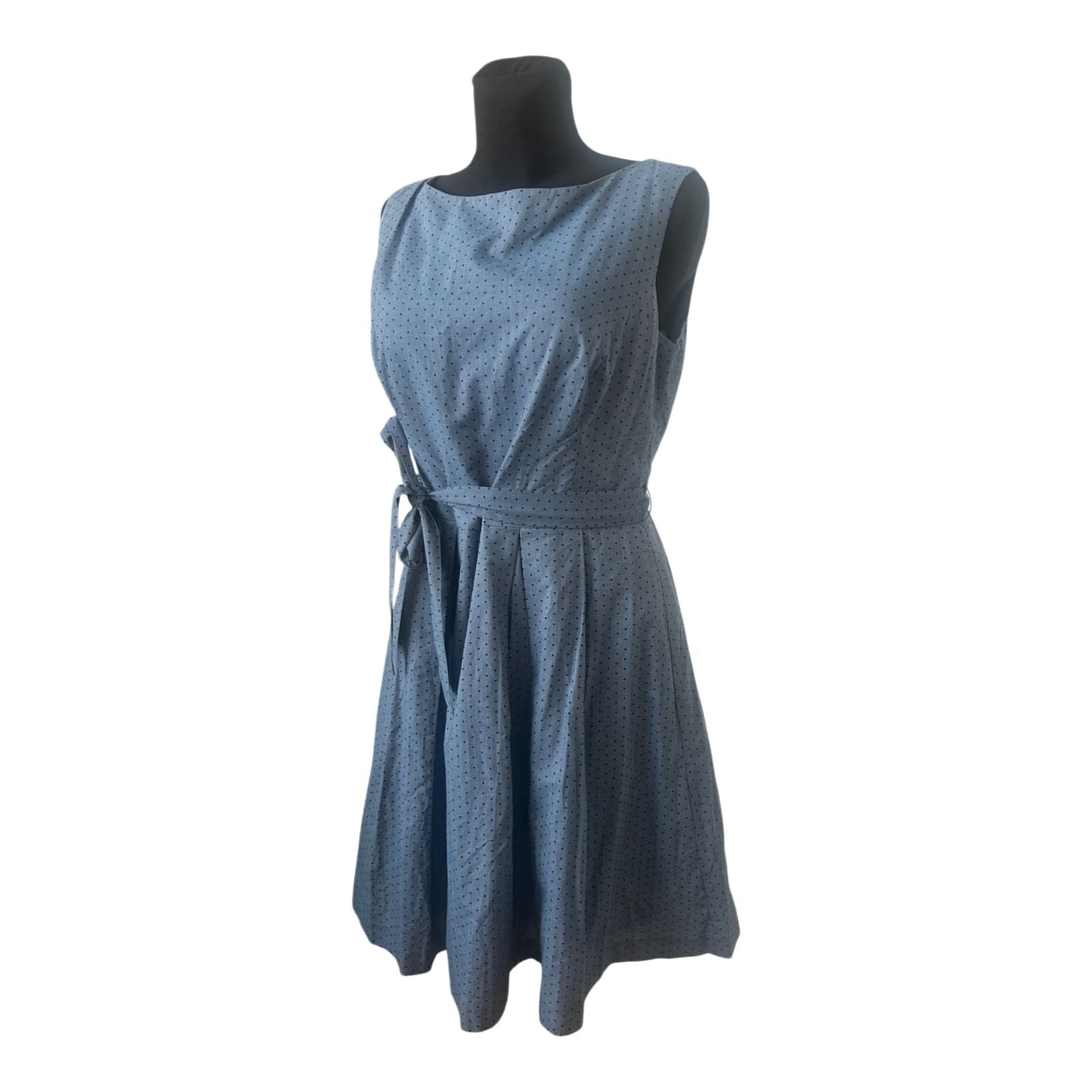 Orsay Sommerkleid Hellblau Gepunktet Baumwolle Bindegürtel Gr. 42 A-Linie