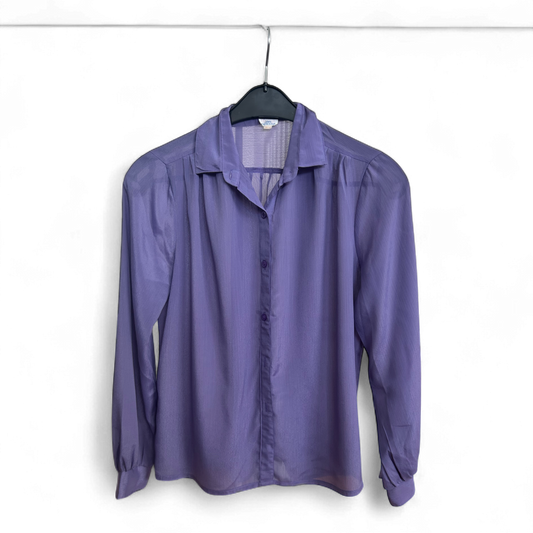 Vintage Bluse Lila Transparent Gr 36 Langarm Kragen Elegant 100 Prozent Polyester