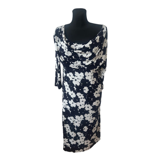 Ecoline Stockholm Kleid Dunkelblau Weiß Blumen Stretch Gr. 42 Lang Jersey